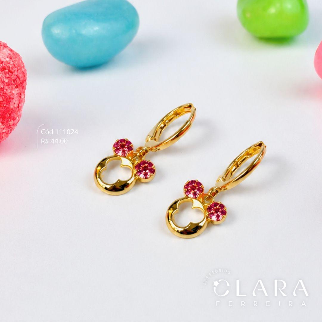 BRINCO INFANTIL ARGOLINHA TRANQUETA C/ PINGENTE MINNIE VAZADA C/ LAÇO MICROZIRCÔNIAS ROSA - CLARINHA KIDS - 9MM - Dourado