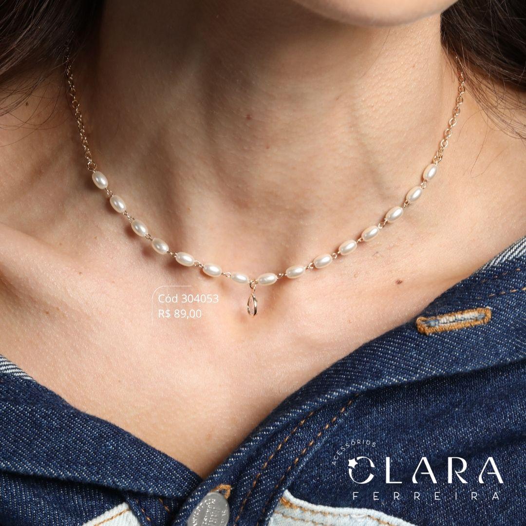 COLAR CHOKER 2 MALHAS: ELOS C/ MEIO PEROLAS OVAIS E 1 TIFF GOTA PENDURADA - 10MM - 40CM - Dourado