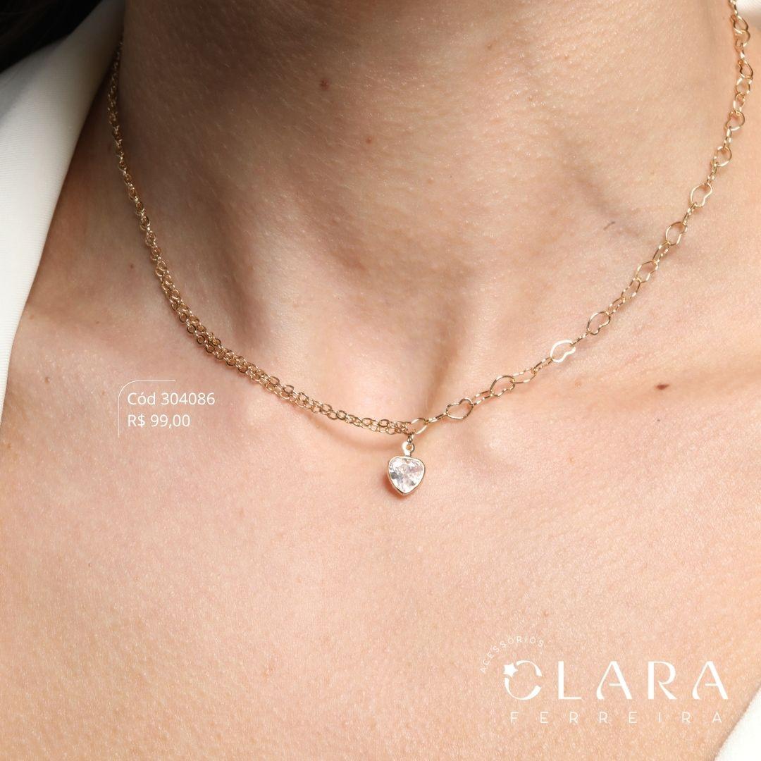 COLAR CHOKER 2 MALHAS: METADE ELOS CORAÇÕES E METADE 2 FIOS ELOS C/ PINGENTE ZIRCÔNIA CORAÇÃO 6MM PENDURADA - 40CM - Dourado