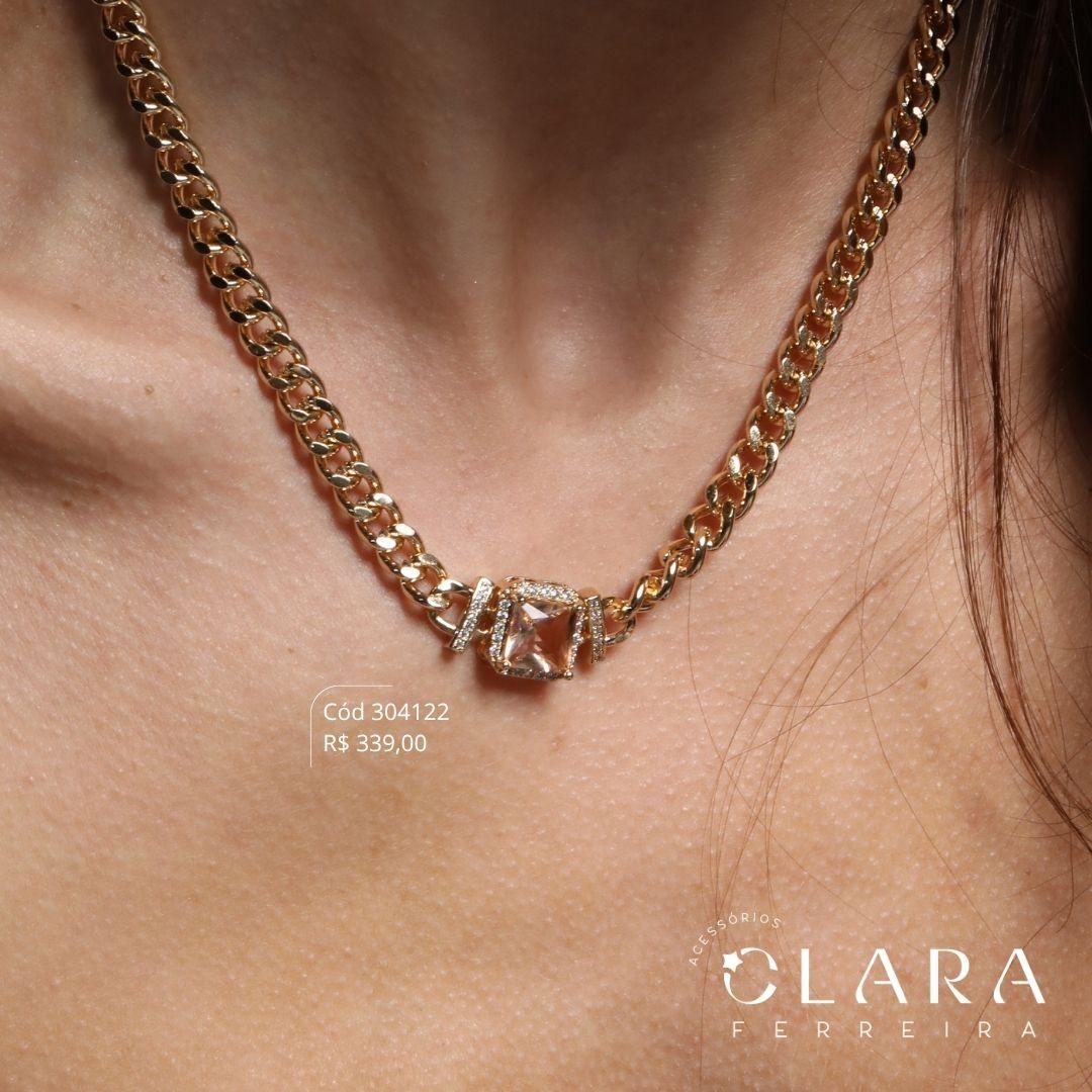 COLAR CHOKER ELOS GRUMET 1X1 C/ ZIRCÔNIA QUADRADA 8MM ADORNADA MICROZIRCÔNIAS FIXA - 6MM - 40+5CM - Dourado