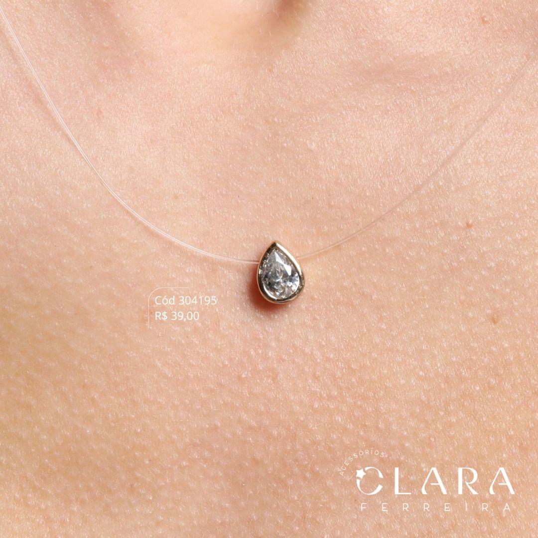 COLAR CHOKER NYLON C/ PINGENTE ZIRCÔNIA GOTA CAIXA FUNDIDA - 8MM - 40CM - Dourado