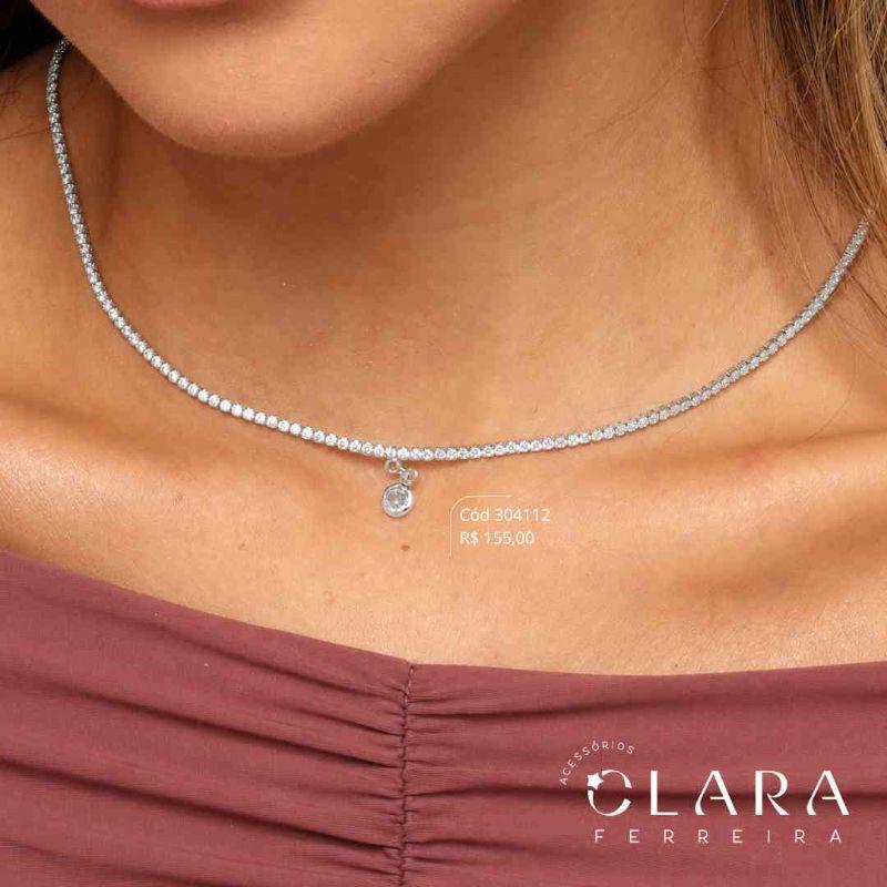 COLAR CHOKER RIVIERA ZIRCÔNIA REDONDA C/ TIFF REDONDA 5MM PENDURADA - 2MM - 40+5CM - Banho de Prata