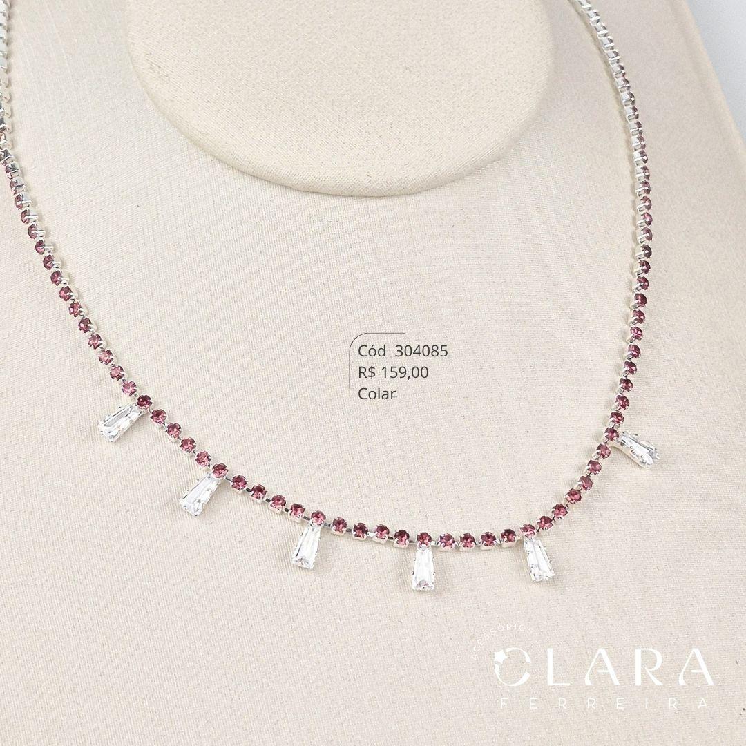 COLAR CHOKER RIVIERA ZIRCÔNIA REDONDA COR DE ROSA C/ 7 ZIRCÔNIAS TRAPÉZIO FIXAS - 35+10CM - Banho de Prata