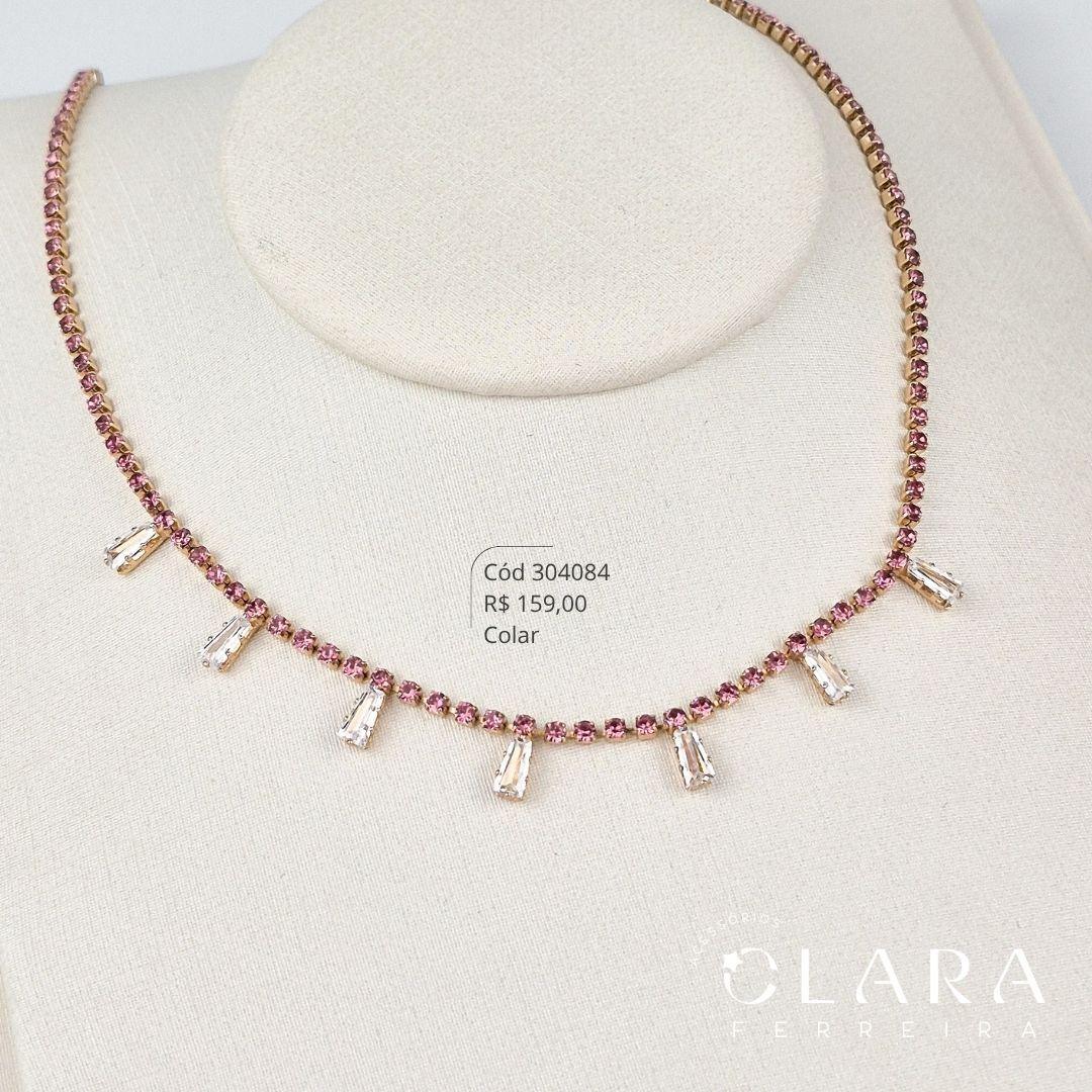 COLAR CHOKER RIVIERA ZIRCÔNIA REDONDA COR DE ROSA C/ 7 ZIRCÔNIAS TRAPÉZIO FIXAS - 35+10CM - Dourado