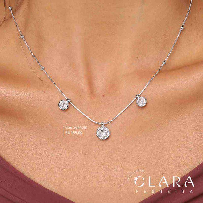 COLAR COLAR CHOKER MALHA RABO DE RATO C/ BOLINHAS E 3 TIFF REDONDAS FIXAS - 8MM - 40+5CM - Banho de Prata