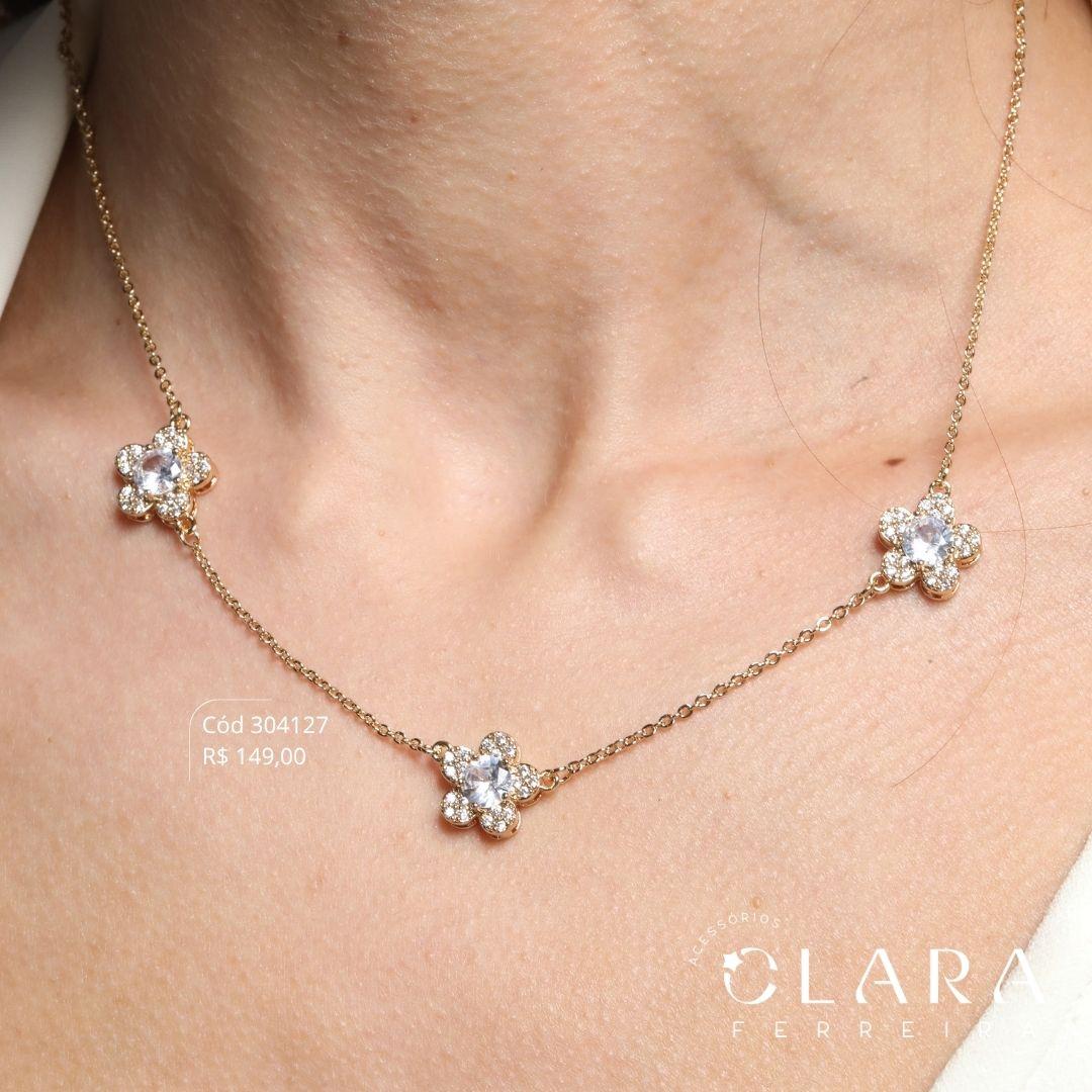 COLAR ELOS C/ 3 FLORES MICROZIRCÔNIAS C/ MIOLO ZIRCÔNIA 6MM FIXAS - 45CM - Dourado