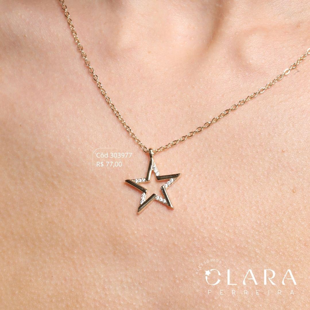 COLAR ELOS C/ PINGENTE ESTRELA VAZADA - 25MM - 40CM - Dourado