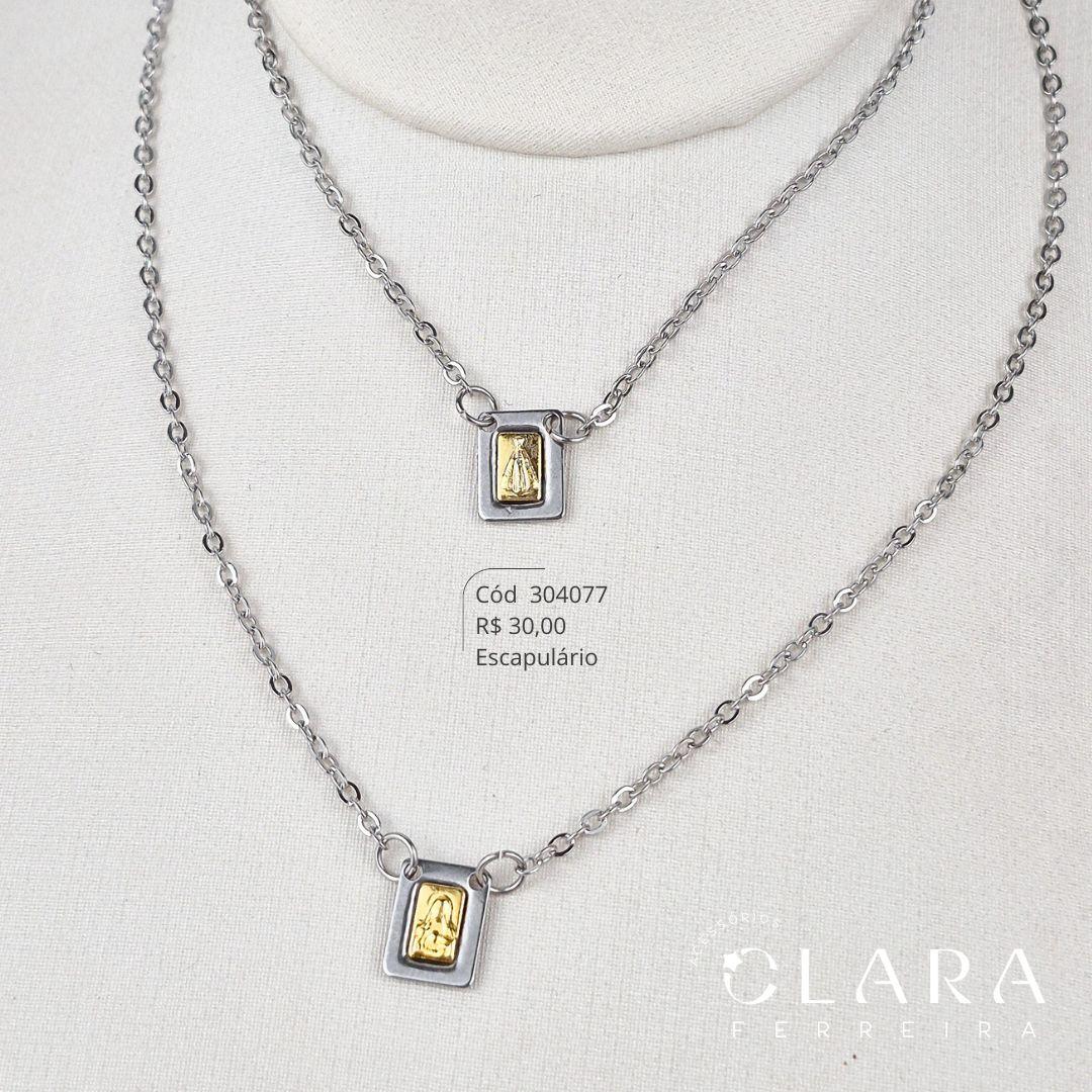 COLAR ESCAPULÁRIO ELOS C/ MEDALHAS SAGRADO CORAÇÃO DE JESUS E NOSSA SENHORA C/ DETALHE DOURADO - 11MM - 60CM - Aço