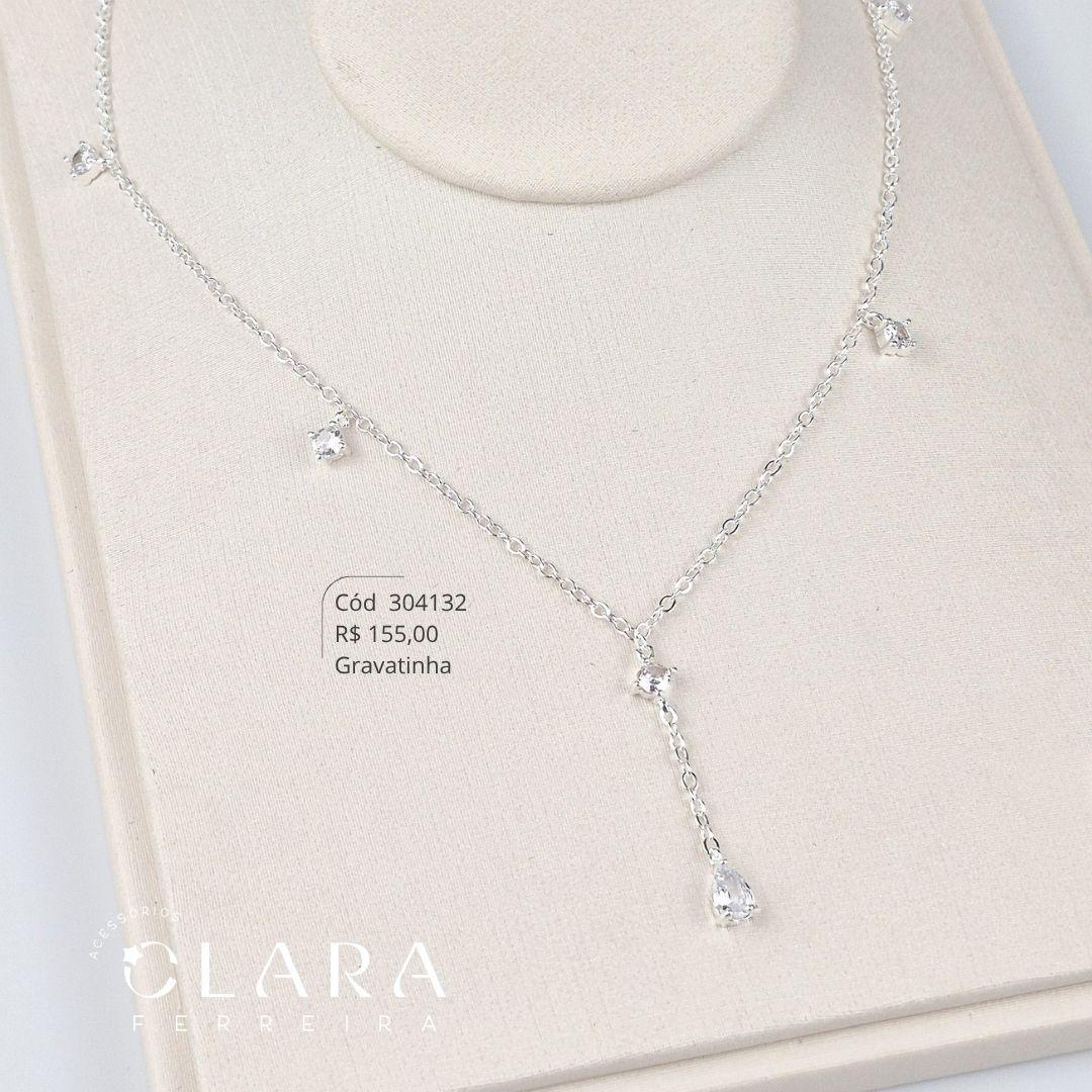 COLAR GRAVATINHA ELOS C/ 6 ZIRCÔNIAS 4MM CAIXA INGLESA PENDURADAS - 45CM - Banho de Prata
