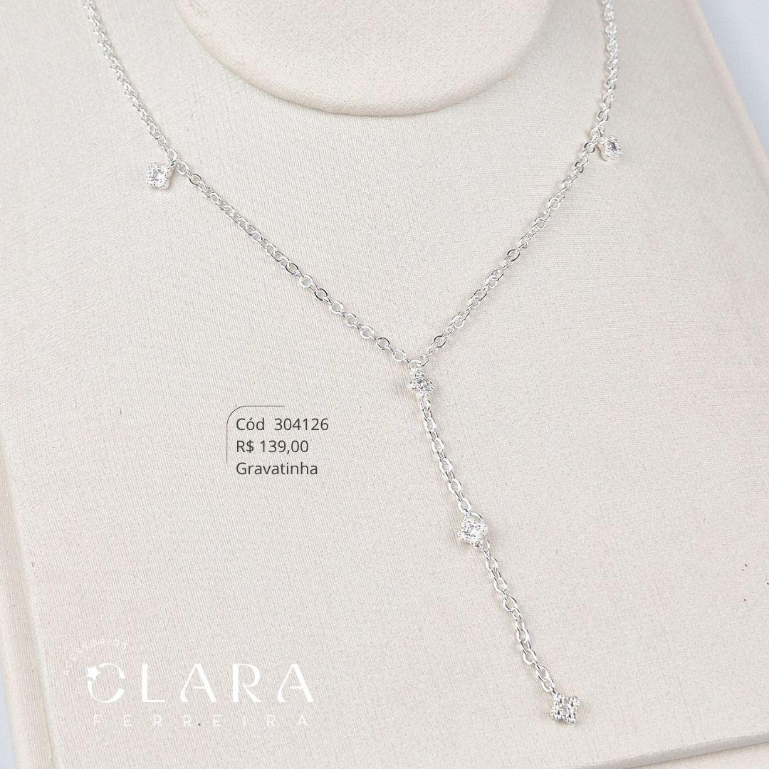 COLAR GRAVATINHA ELOS C/ 7 TREVOS VAN CLEEF ALHAMBRA MICROZIRCÔNIAS PENDURADOS - 45CM - Banho de Prata