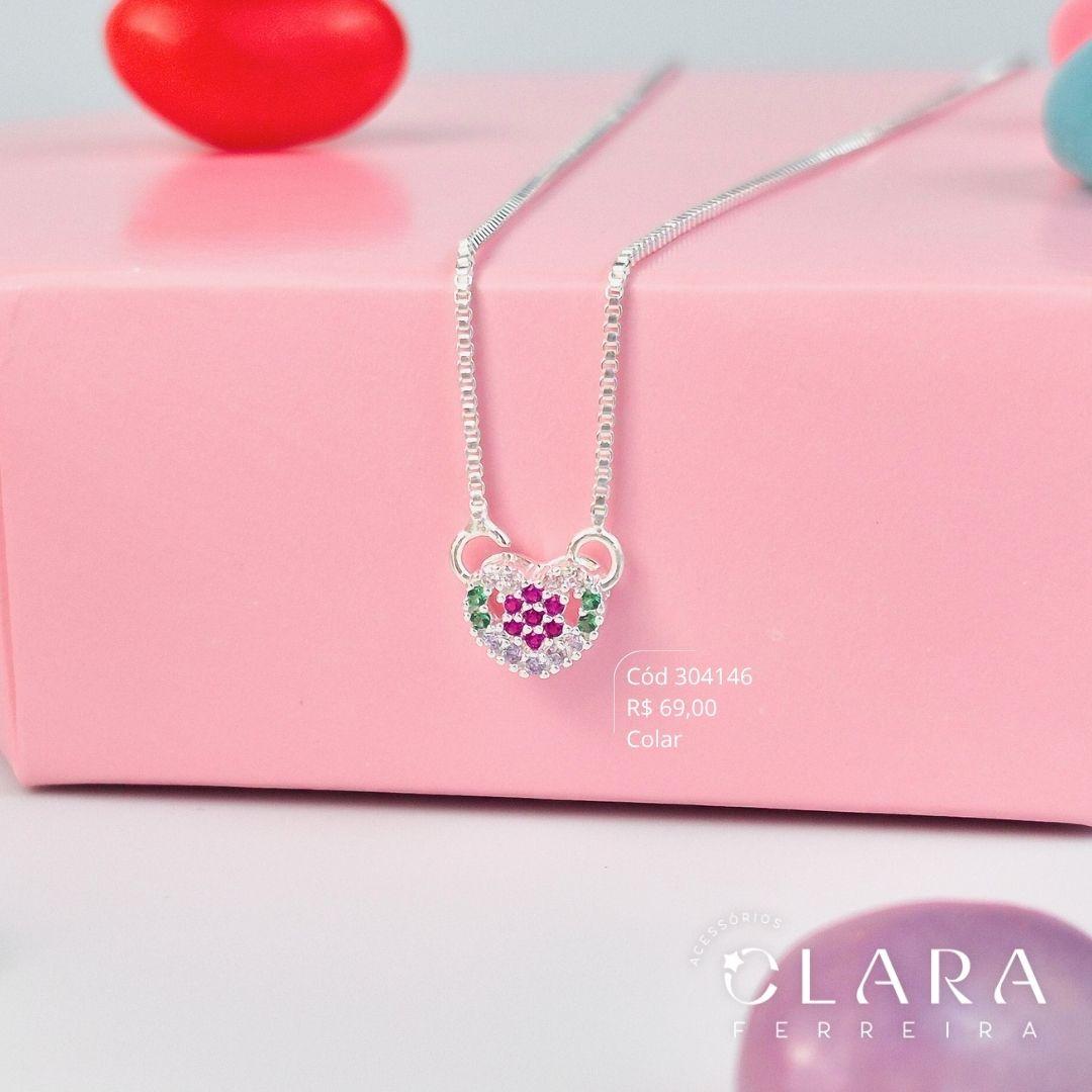 COLAR INFANTIL ELOS C/ PINGENTE CORAÇÃO MICROZIRCÔNIAS COLORIDAS 6MM- CLARINHA KIDS - 40CM - Banho de Prata