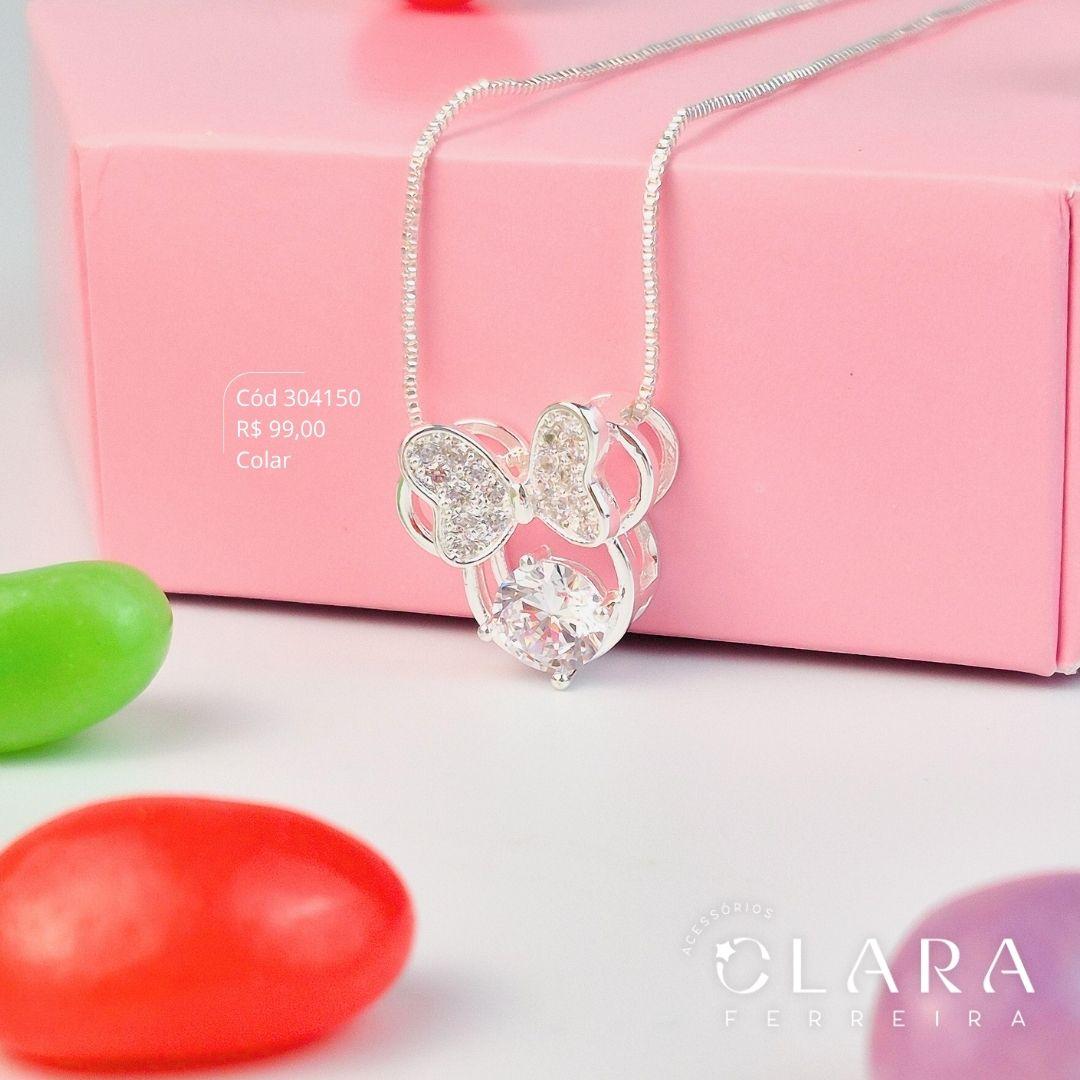 COLAR INFANTIL VENEZIANA C/ PINGENTE MINNIE VAZADA C/ LAÇO MICROZIRCÔNIA E 1 ZIRCÔNIA REDONDA 6MM - 15MM - CLARINHA KIDS - 40CM - Banho de Prata