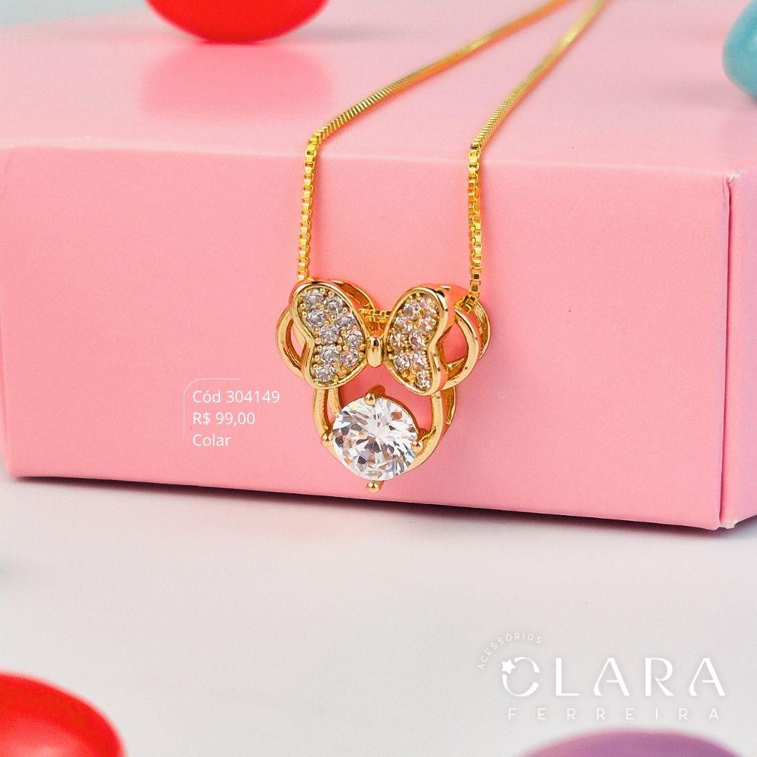 COLAR INFANTIL VENEZIANA C/ PINGENTE MINNIE VAZADA C/ LAÇO MICROZIRCÔNIA E 1 ZIRCÔNIA REDONDA 6MM - 15MM - CLARINHA KIDS - 40CM - Dourado