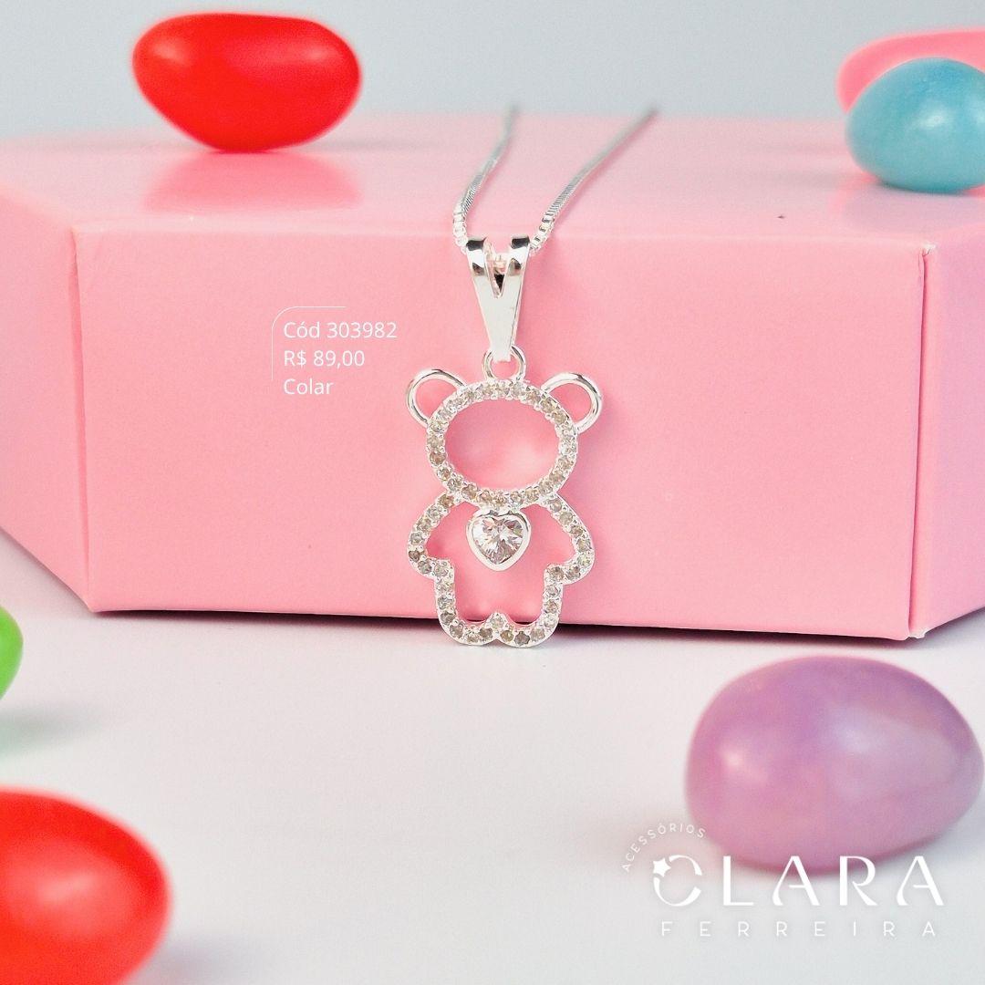 COLAR INFANTIL VENEZIANA C/ PINGENTE URSO MICROZIRCÔNIAS VAZADO C/ ZIRCÔNIA CORAÇÃO NO MEIO - CLARINHA KIDS - 21MM - 35CM - Banho de Prata