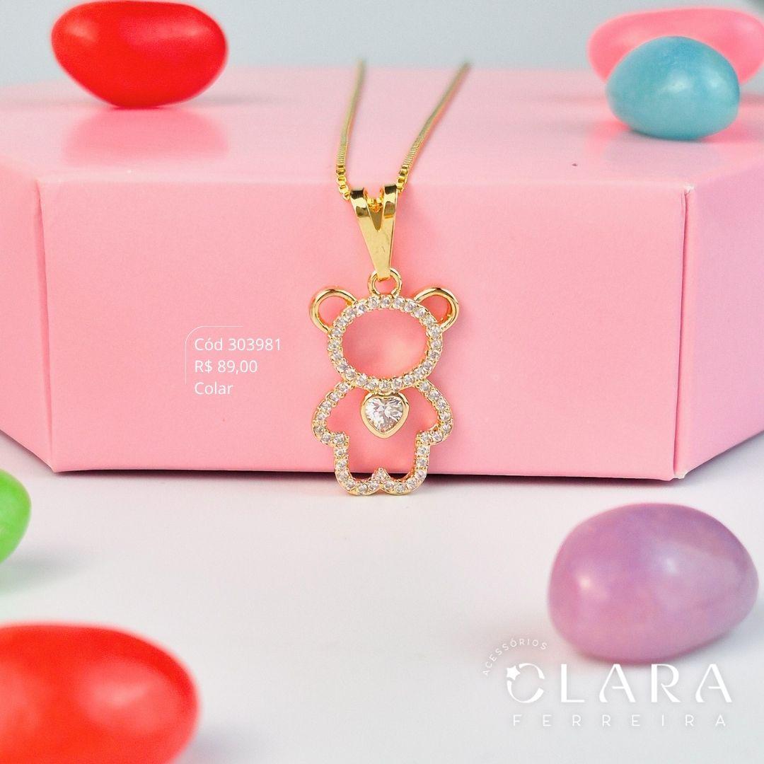 COLAR INFANTIL VENEZIANA C/ PINGENTE URSO MICROZIRCÔNIAS VAZADO C/ ZIRCÔNIA CORAÇÃO NO MEIO - CLARINHA KIDS - 21MM - 35CM - Dourado