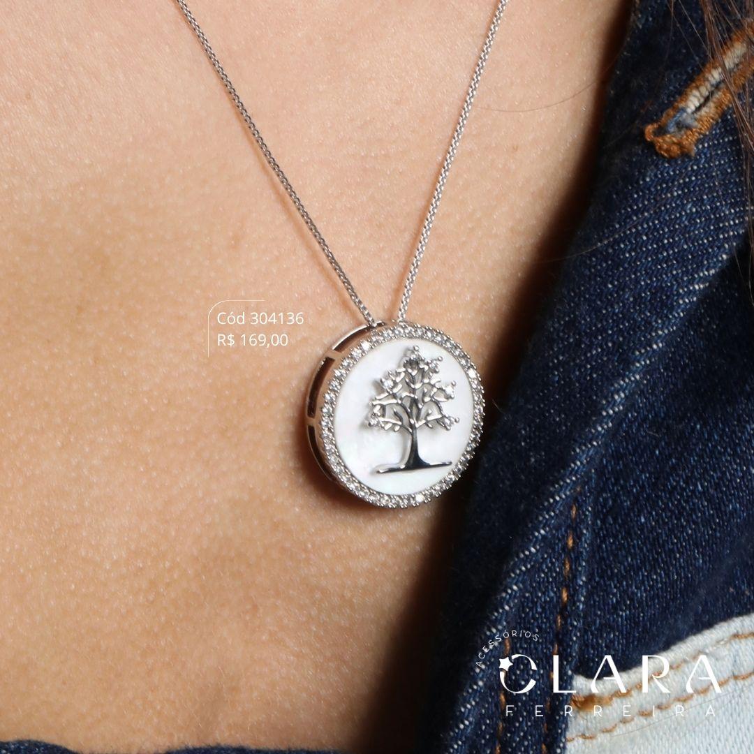 COLAR VENEZIANA C/ MANDALA MADRE PÉROLA C/ ÁRVORE DA VIDA MICROZIRCÔNIAS ADORNADA C/ 1 FILEIRA MICROZIRCÔNIAS - PEÇA EXCLUSIVA - 23MM - 45CM - Ródio Branco