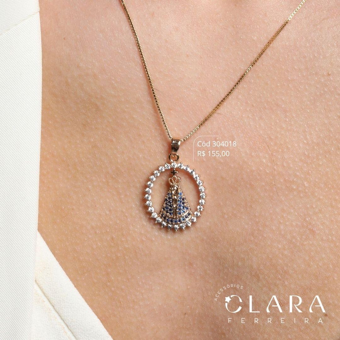 COLAR VENEZIANA C/ MANDALA NOSSA SENHORA MANTO MICROZIRCÔNIAS ADORNADA ZIRCÔNIAS REDONDAS - 24MM - 45CM - Dourado