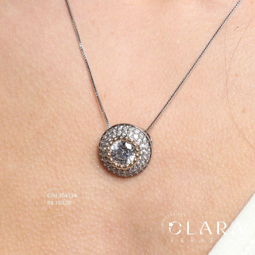 COLAR VENEZIANA C/ PINGENTE BOTÃO CHUVEIRINHO MICROZIRCÔNIAS C/ ZIRCÔNIA REDONDA 8MM NO MEIO - PEÇA EXCLUSIVA - 19MM - 45CM - Ródio Branco