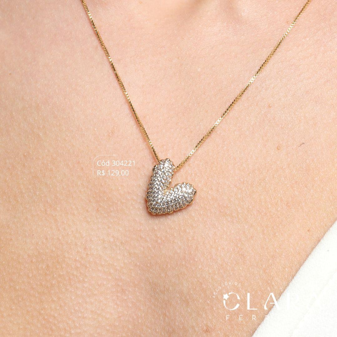 COLAR VENEZIANA C/ PINGENTE CHUVEIRINHO CORAÇÃO MICROZIRCÔNIAS - 15MM - 45CM - Dourado
