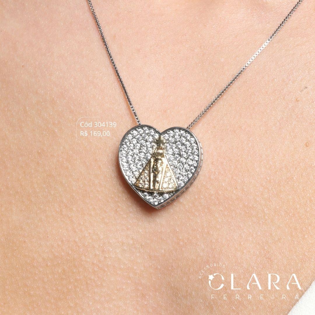 COLAR VENEZIANA C/ PINGENTE CORAÇÃO MICROZIRCÔNIAS C/ NOSSA SENHORA NO MEIO - PEÇA EXCLUSIVA - 23MM - 45CM - Ródio Branco