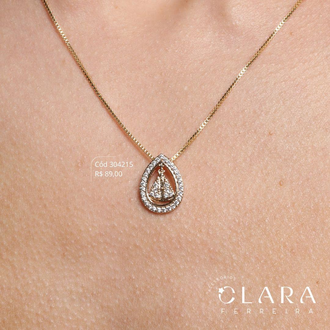 COLAR VENEZIANA C/ PINGENTE MANDALA NOSSA SENHORA MICROZIRCÔNIAS ADORNADA 1 FILEIRA MICROZIRCÔNIAS - 15MM - 45CM - Dourado