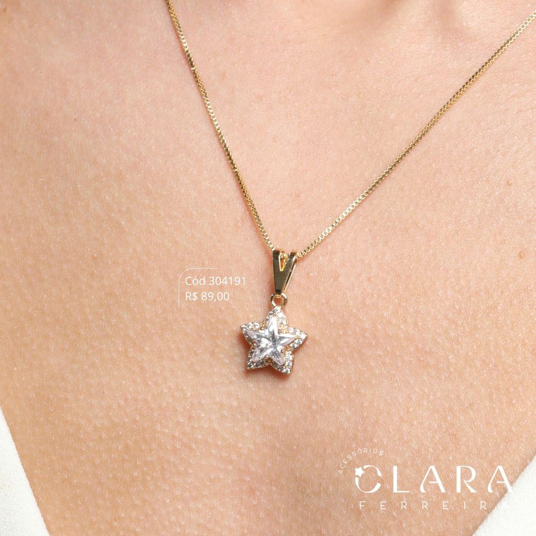 COLAR VENEZIANA C/ PINGENTE ZIRCÔNIA ESTRELA 8MM 5 GARRAS ADORNADA UMA FILEIRA MICROZIRCÔNIAS - 14MM - 45CM - Dourado