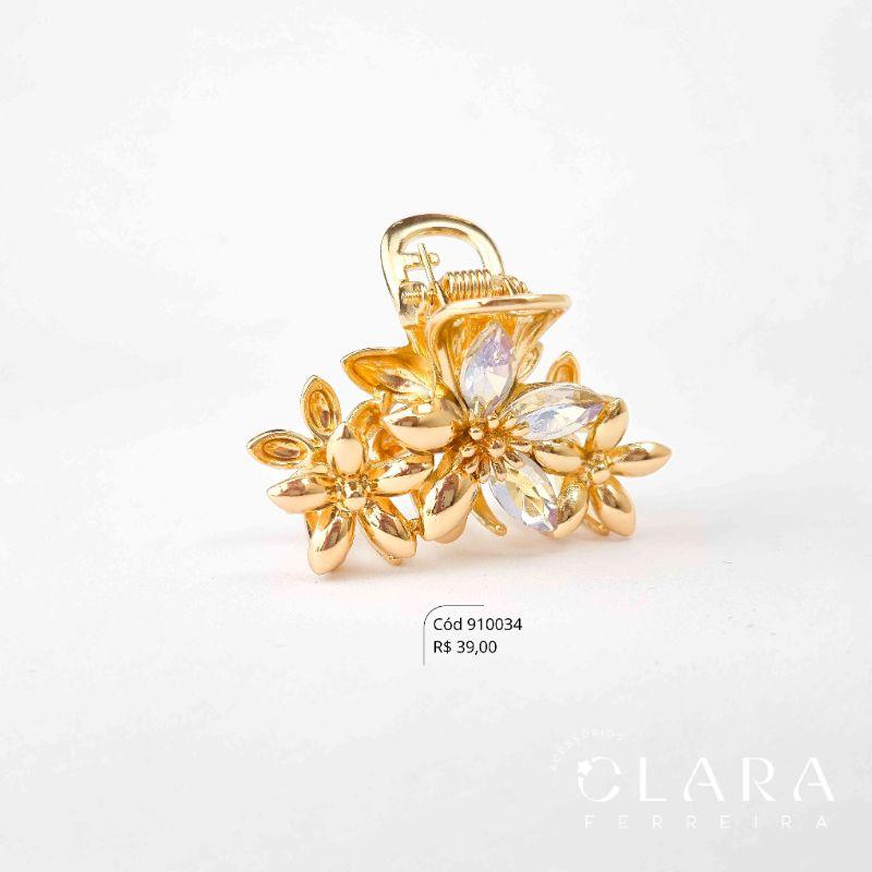PRESILHA DE CABELO 3 FLORES: 2 LISAS E 1 C/ 3 PETALAS ZIRCONIA NAVETE