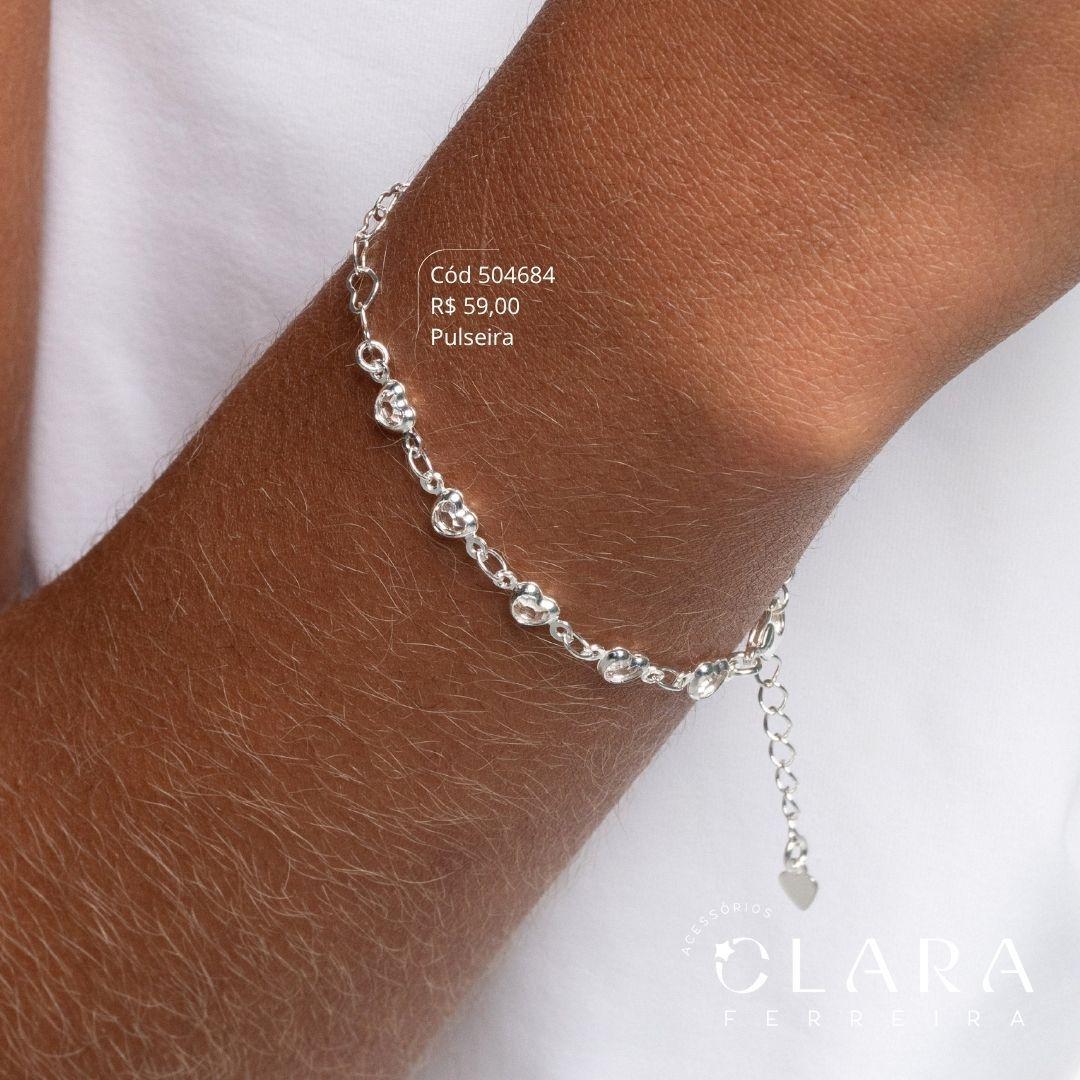 PULSEIRA 3 MALHA: METADE ELOS CORAÇÕES ENTRELAÇADOS E METADE 5 TIFF CORAÇÃO 5MM - 17CM - Banho de Prata