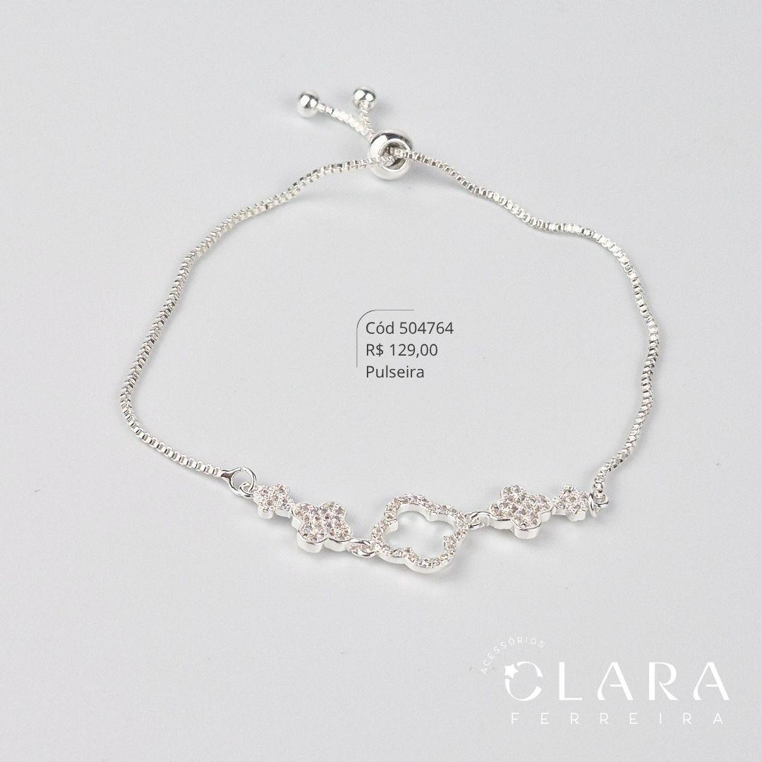 PULSEIRA AJUSTÁVEL VENEZIANA C/ 5 PINGENTES: 4 TREVOS VAN CLEEF ALHAMBRA ZIRCÔNIAS E 1 TREVO VAN CLEEF ALHAMBRA VAZADO ZIRCÔNIAS - Banho de Prata