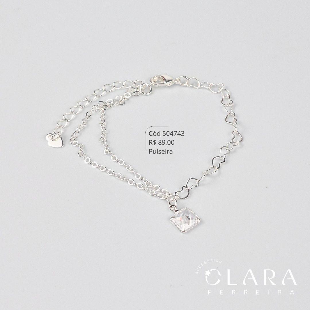 PULSEIRA CHOKER 2 MALHAS: METADE ELOS CORAÇÕES E METADE 2 FIOS ELOS C/ PINGENTE ZIRCÔNIA QUADRADA 7MM PENDURADA - 17CM - Banho de Prata