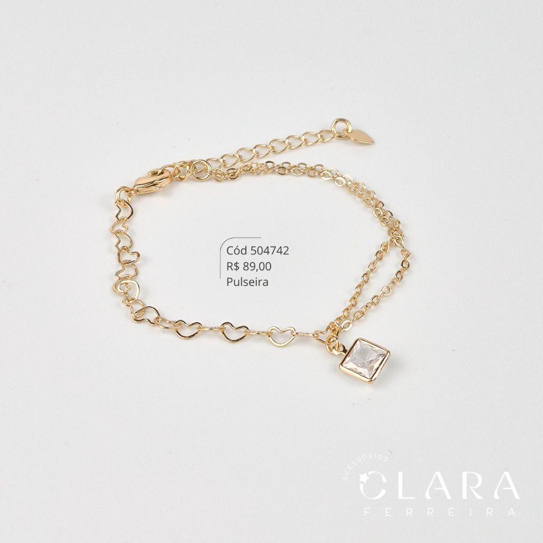 PULSEIRA CHOKER 2 MALHAS: METADE ELOS CORAÇÕES E METADE 2 FIOS ELOS C/ PINGENTE ZIRCÔNIA QUADRADA 7MM PENDURADA - 17CM - Dourado