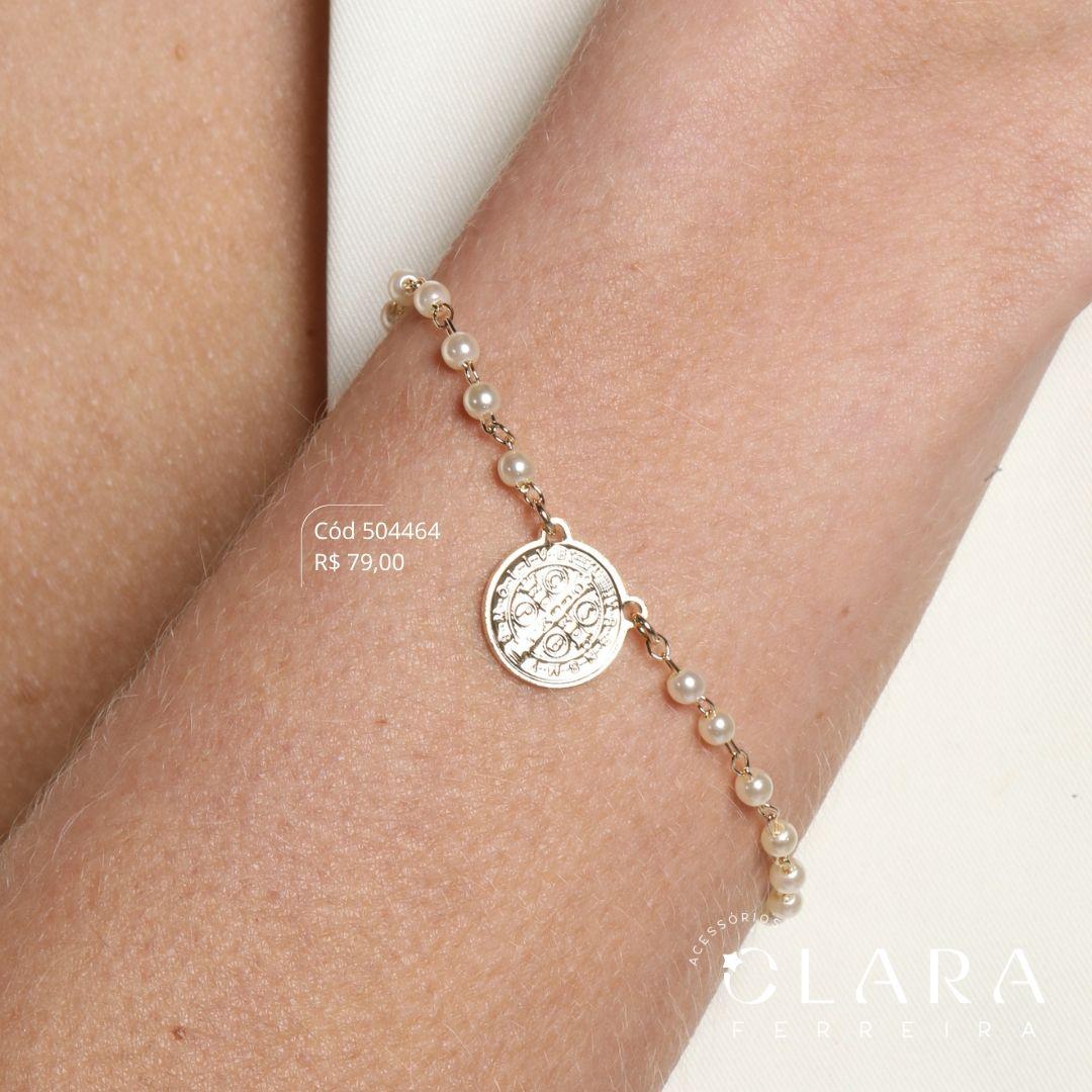 PULSEIRA DE PÉROLAS C/ MEDALHA SÃO BENTO 12MM - 17CM - Dourado