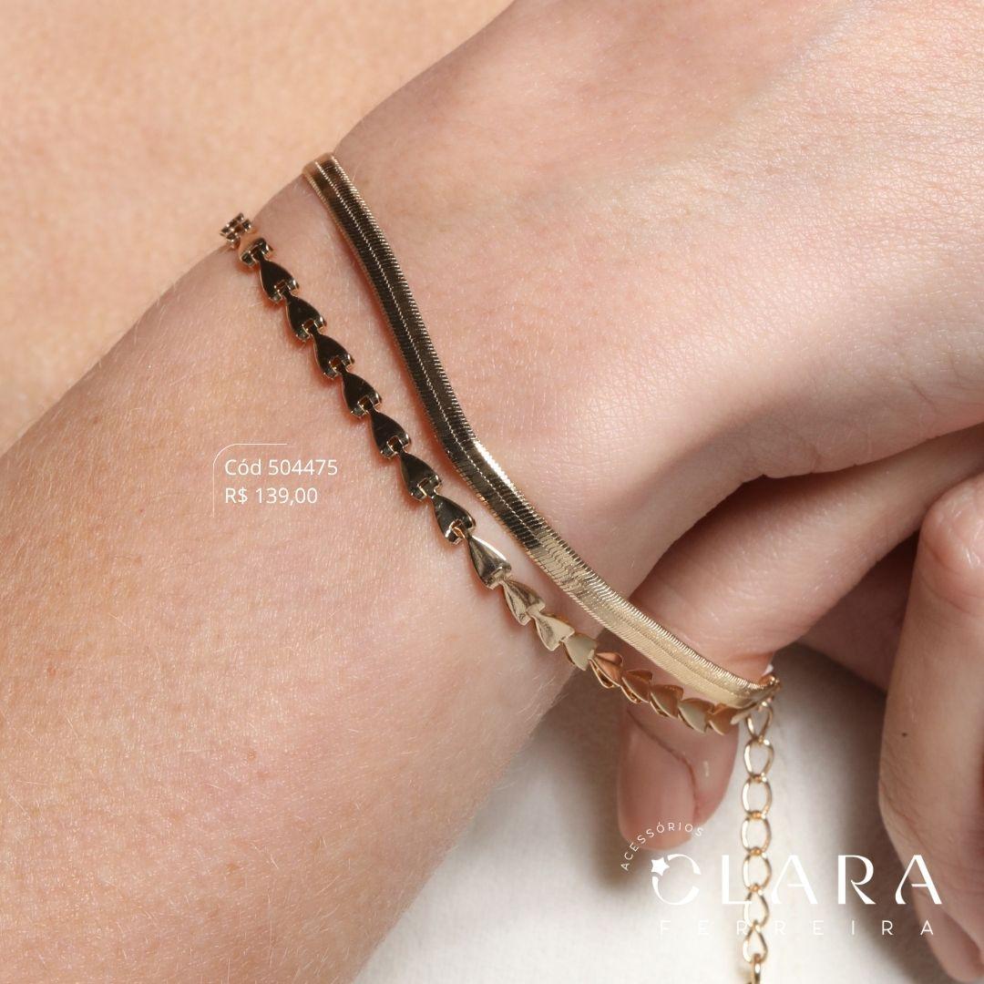 PULSEIRA DUPLA: 1 FIO FITA E 1 FIO TIJOLINHOS LISOS - 17CM - Dourado