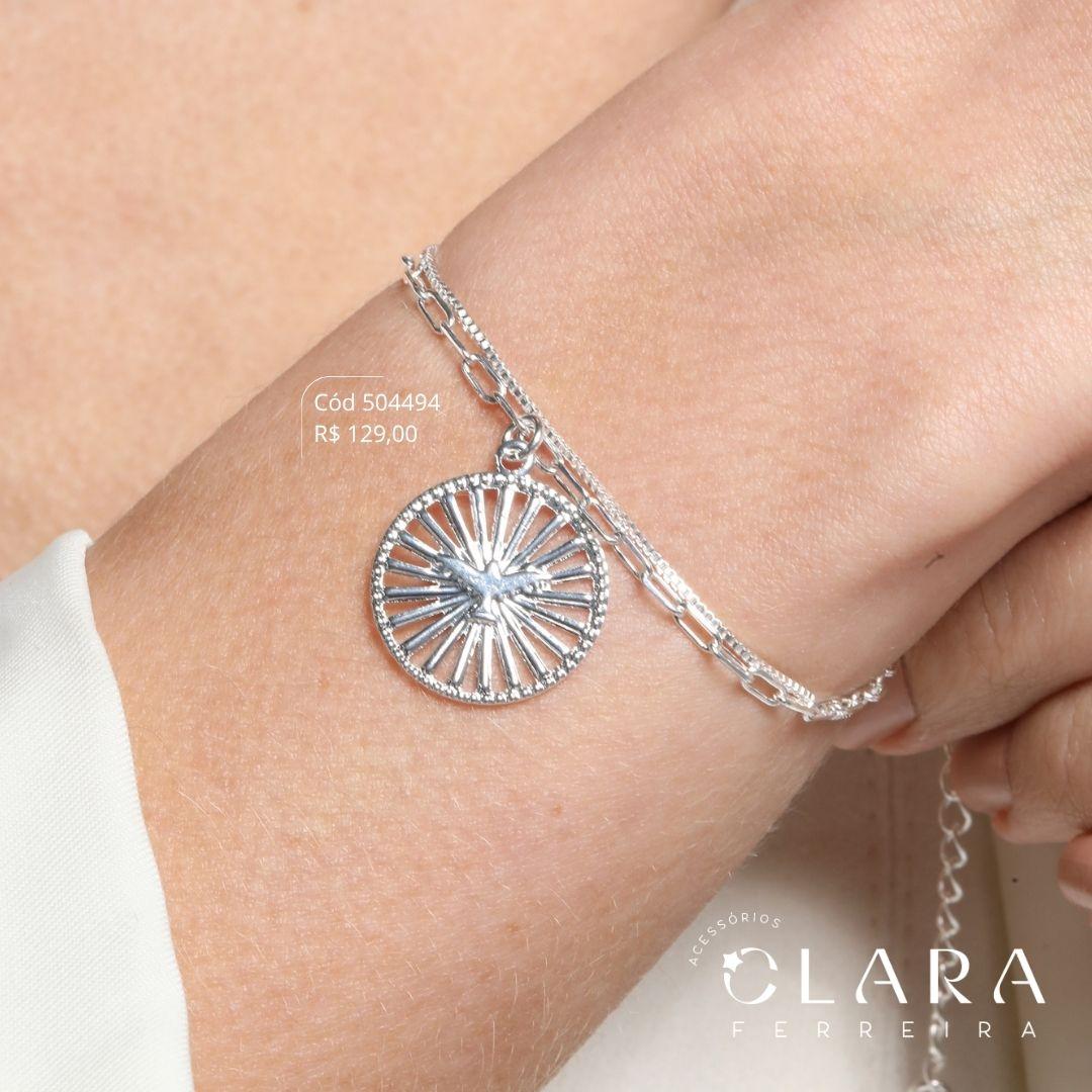 PULSEIRA DUPLA: 1 FIO VENEZIANA E 1 FIO ELOS CARTIER C/ MEDALHA ESPÍRITO SANTO VAZADA - 18MM - 17CM - Banho de Prata