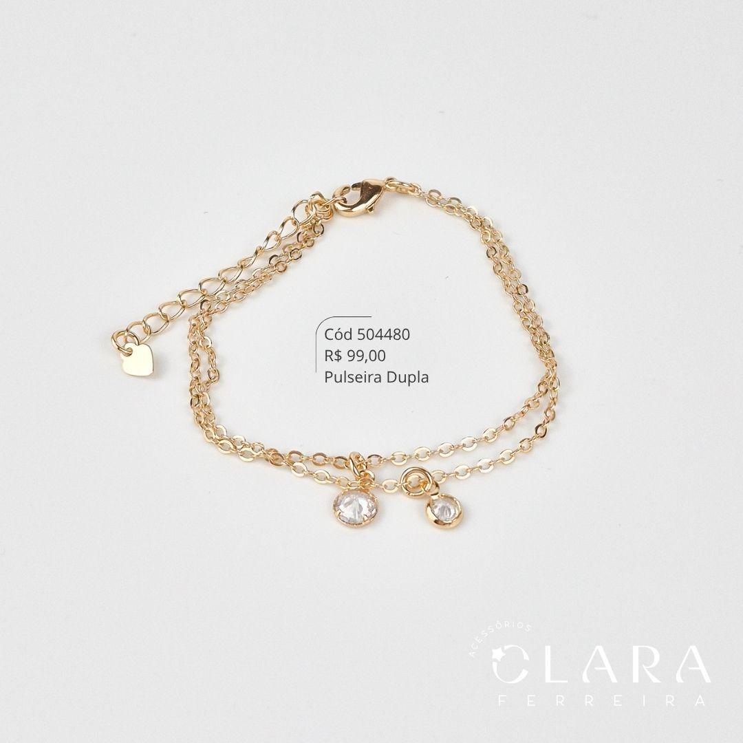 PULSEIRA DUPLA: 2 FIOS ELOS C/ 2 TIFF ZIRCONIA 6MM PENDURADAS - 17CM - Dourado
