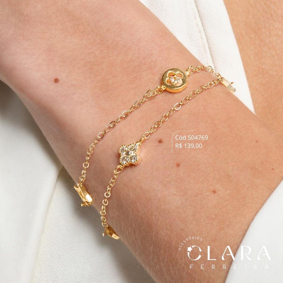 PULSEIRA DUPLA: 2 FIOS ELOS C/ 5 TREVOS LOUIS VUITTON - 17CM - Dourado