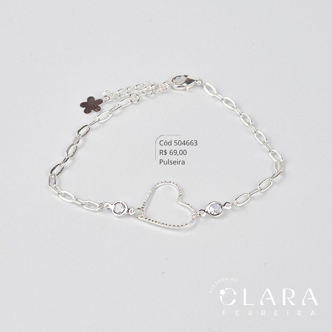 PULSEIRA ELO CARTIER C/ CORAÇÃO RAIADO 15MM VAZADO C/ 2 TIFF 4MM FIXAS - 17CM - Banho de Prata