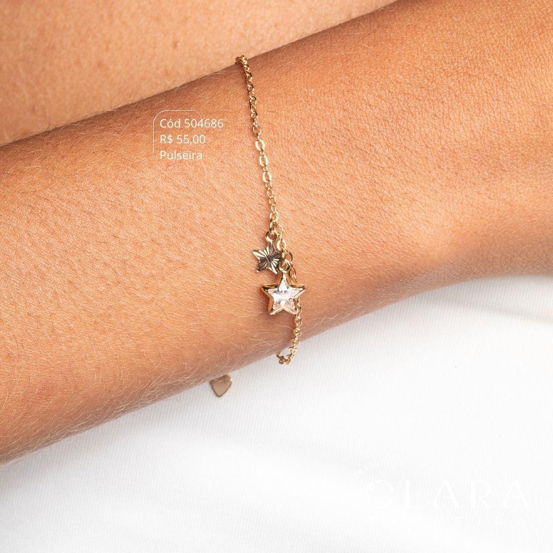 PULSEIRA ELOS C/ 1 ESTRELA RAIADA E 1 TIFF ESTRELA 8MM PENDURADAS - 17CM - Dourado