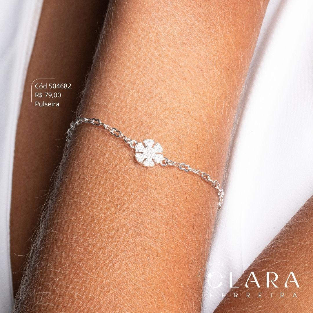 PULSEIRA ELOS C/ PINGENTE FLOR MICROZIRCÔNIAS FIXA - 9MM - 17CM - Banho de Prata