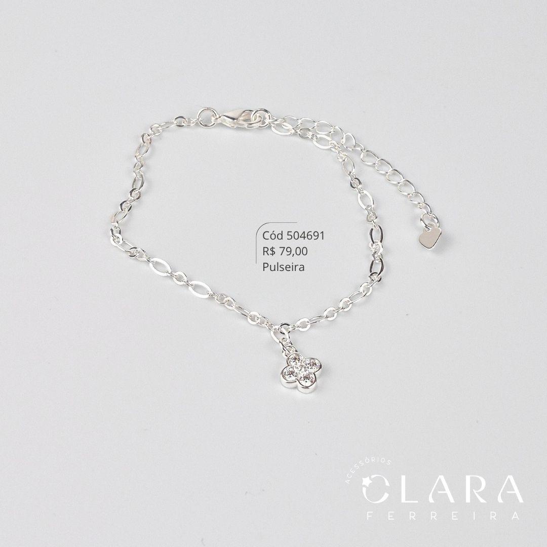 PULSEIRA ELOS C/ TREVO VAN CLEEF ALHAMBRA ZIRCÔNIAS REDONDAS PENDURADO - 7MM - 17CM - Banho de Prata
