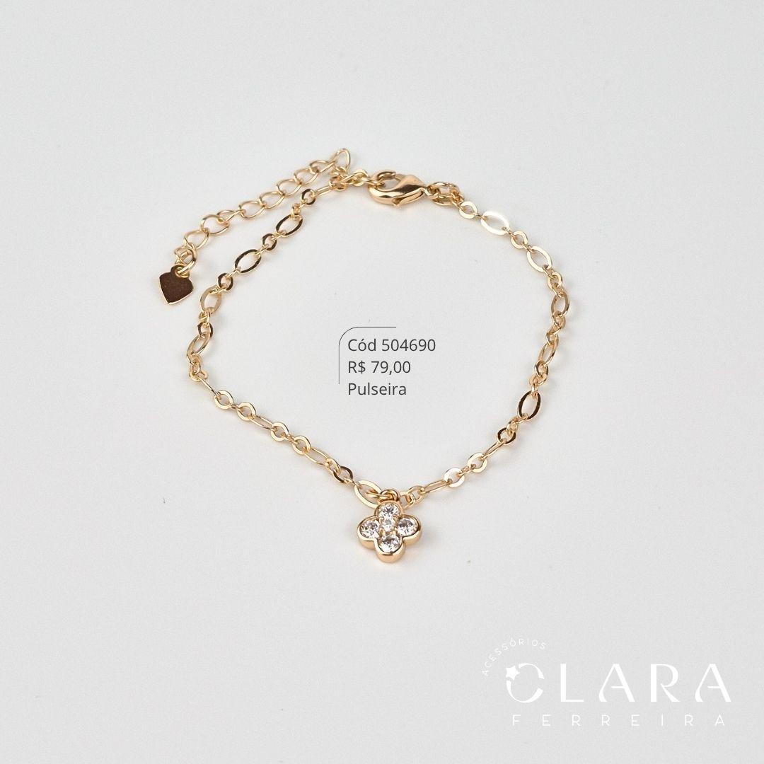 PULSEIRA ELOS C/ TREVO VAN CLEEF ALHAMBRA ZIRCÔNIAS REDONDAS PENDURADO - 7MM - 17CM - Dourado