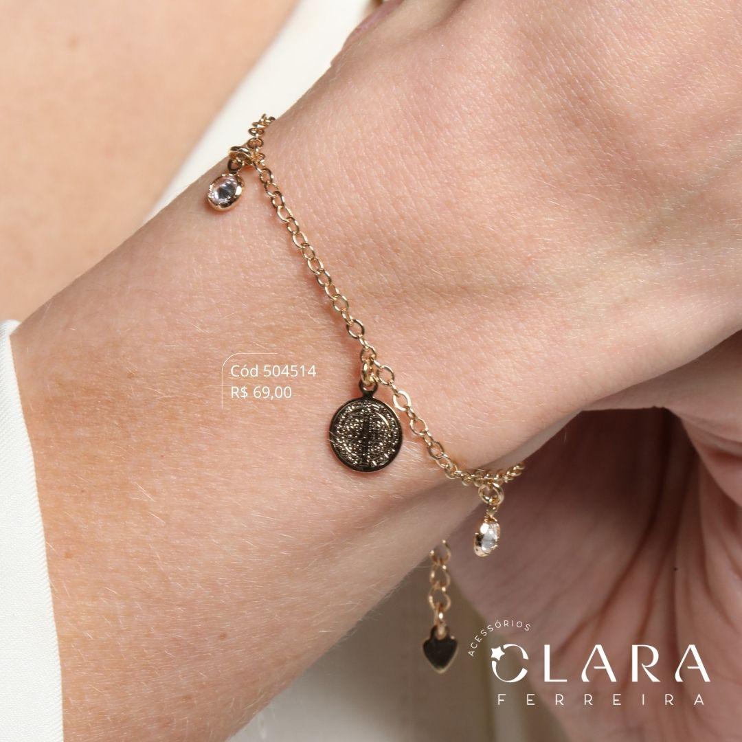 PULSEIRA ELOS CADEADO C/ MEDALHA REDONDA SÃO BENTO 8MM E 2 TIFF ZIRCÔNIAS PENDURADAS - 17CM - Dourado