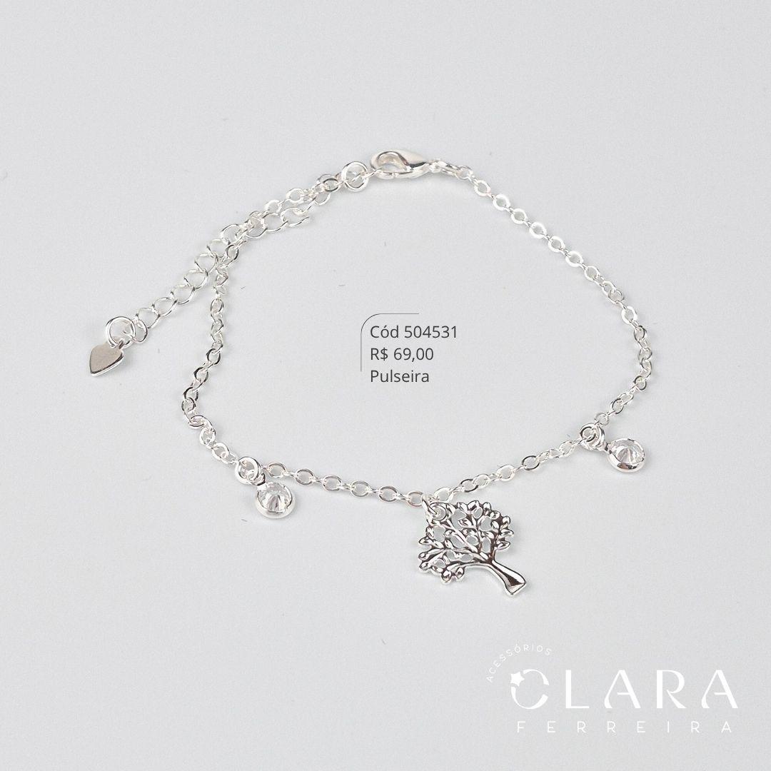 PULSEIRA ELOS CADEADO C/ PINGENTE ARVORE DA VIDA LISA 15MM E 2 TIFF ZIRCÔNIA PENDURADAS - 17CM - Banho de Prata