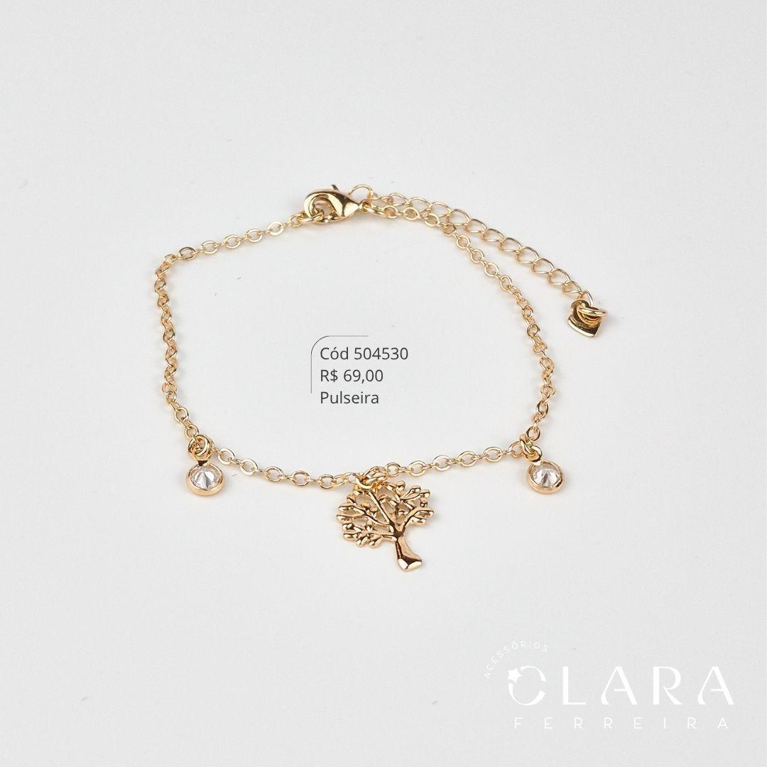PULSEIRA ELOS CADEADO C/ PINGENTE ARVORE DA VIDA LISA 15MM E 2 TIFF ZIRCÔNIA PENDURADAS - 17CM - Dourado