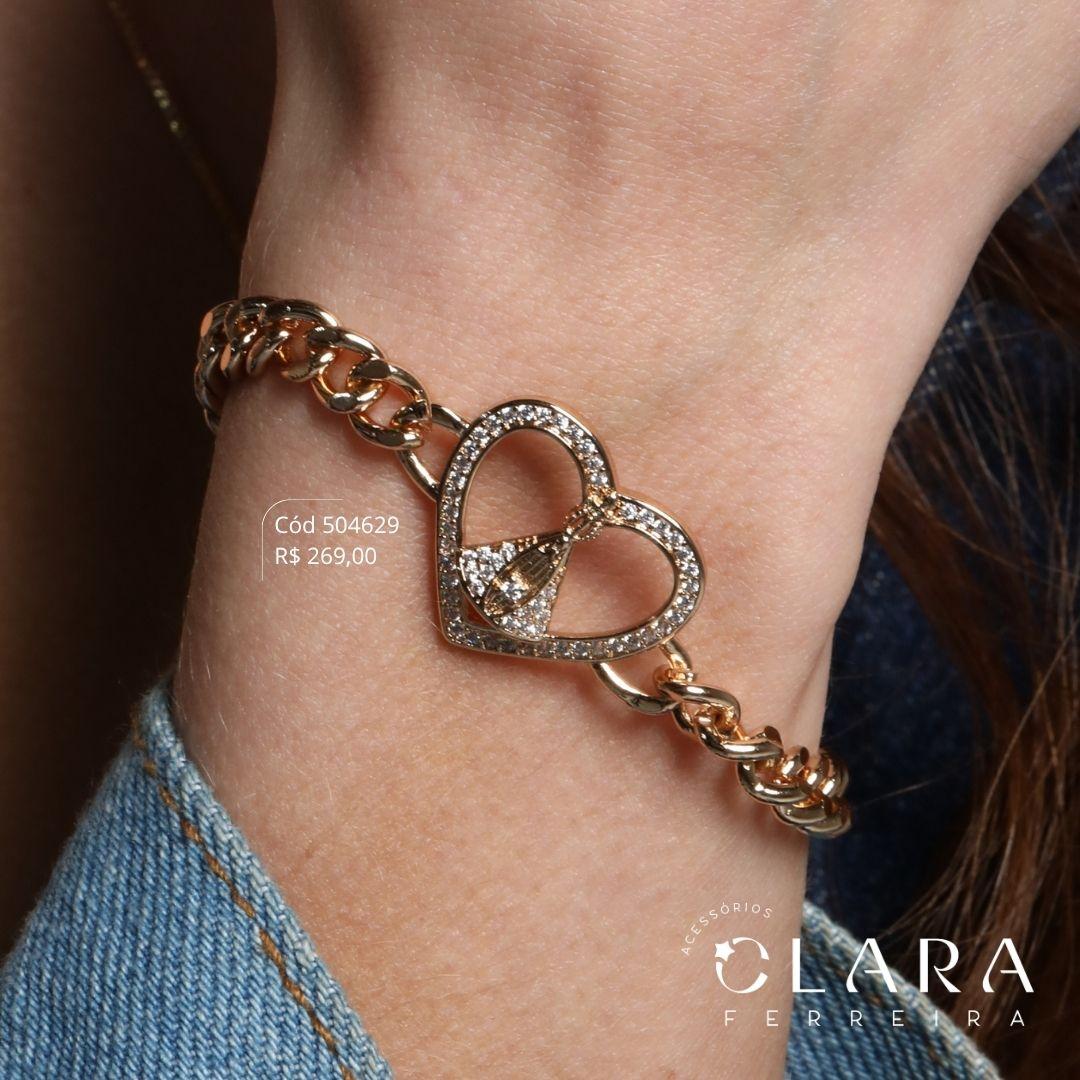 PULSEIRA ELOS GRUMET 1X1 C/ MANDALA CORAÇÃO VAZADO C/ NOSSA SENHORA MICROZIRCÔNIAS - 19MM - 19CM - Dourado