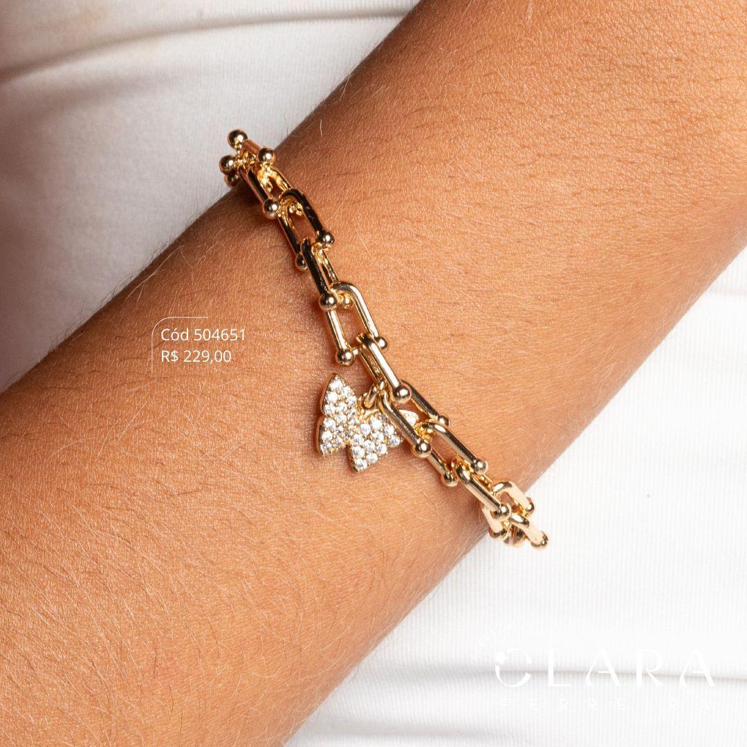 PULSEIRA ELOS TIFFANYS 6MM C/ PINGENTE BORBOLETA MICROZIRCÔNIAS - 10MM - 17CM - Dourado