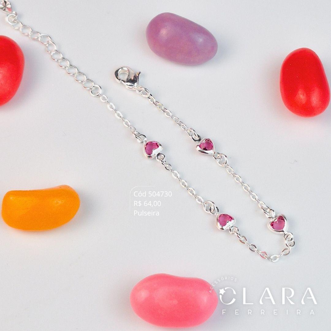 PULSEIRA INFANTIL ELOS C/ 4 ZIRCÔNIAS CORAÇÃO COR DE ROSA 5MM FIXAS - CLARINHA KIDS - 14CM - Banho de Prata