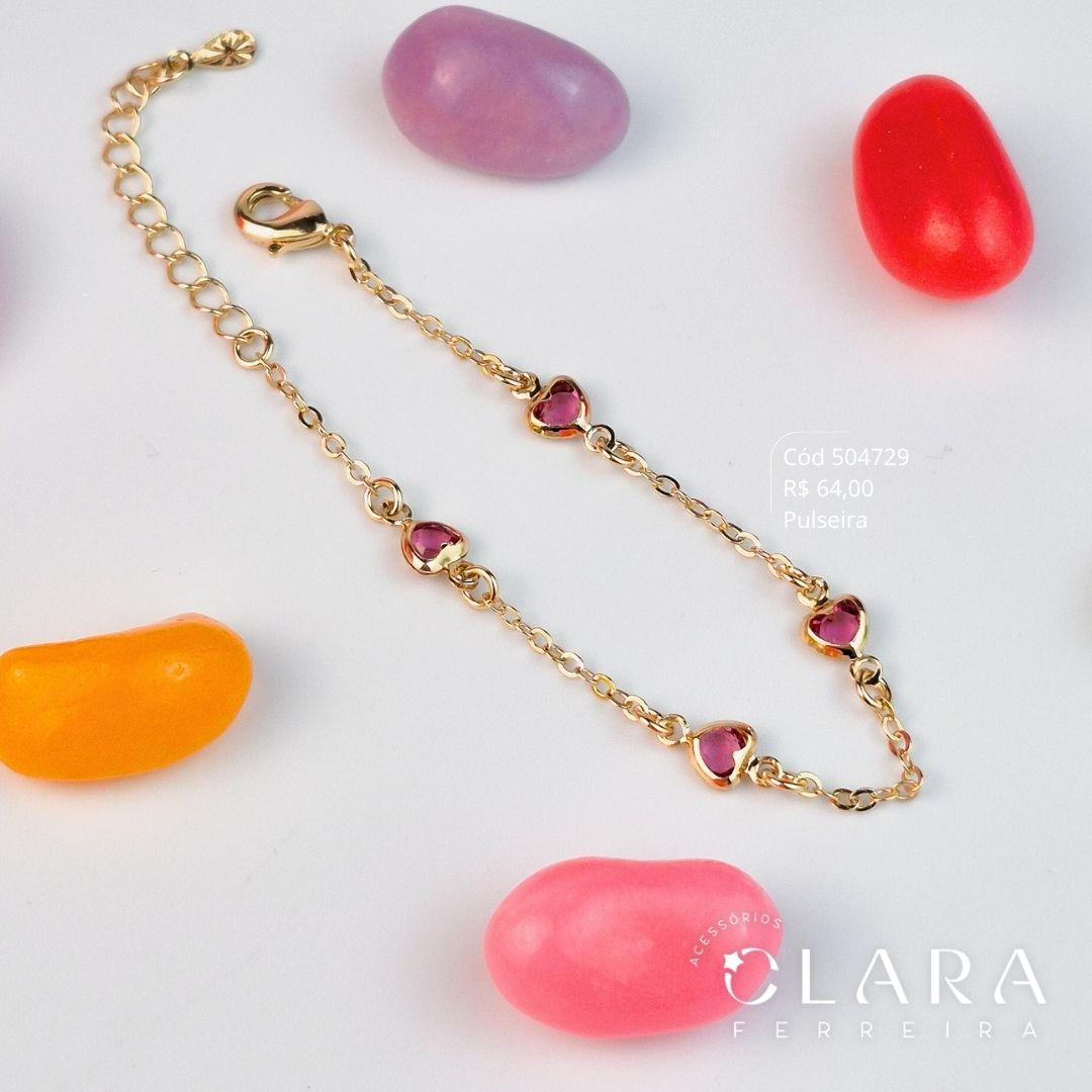 PULSEIRA INFANTIL ELOS C/ 4 ZIRCÔNIAS CORAÇÃO COR DE ROSA 5MM FIXAS - CLARINHA KIDS - 14CM - Dourado