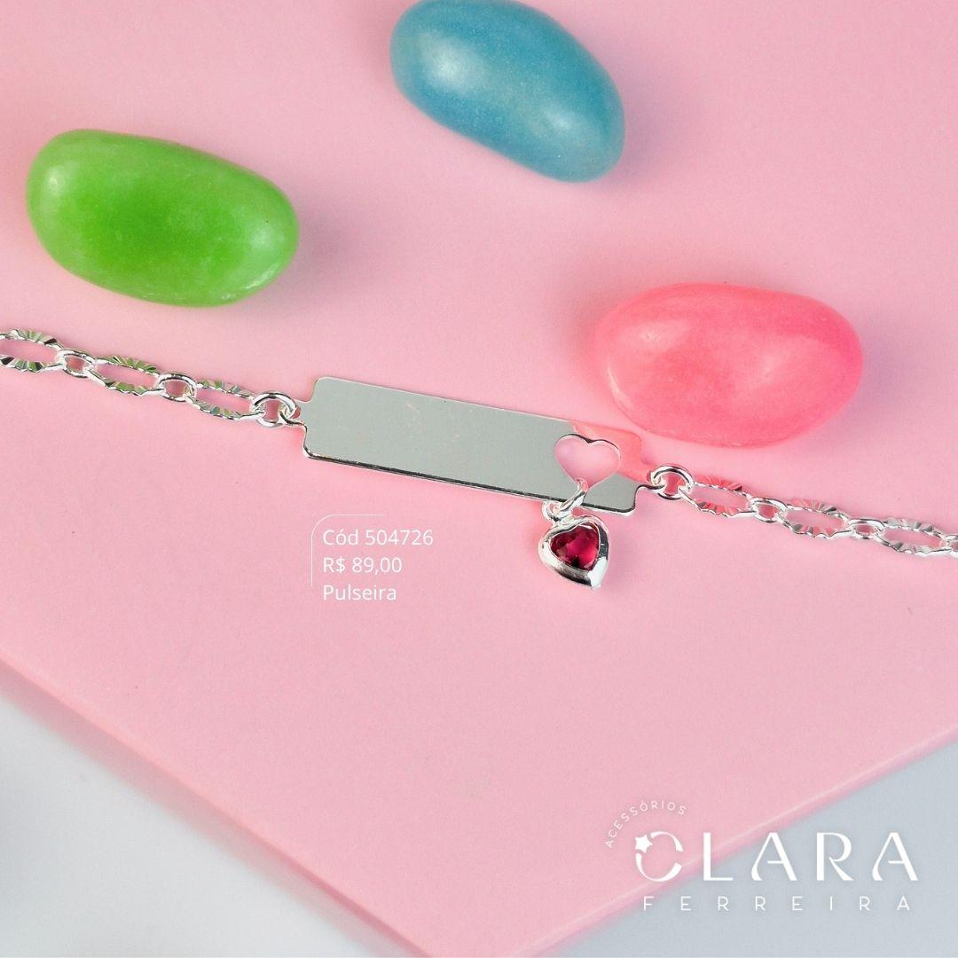 PULSEIRA INFANTIL ELOS JATEADOS C/ PLAQUINHA LISA C/ CORAÇÃO VAZADO E 1 ZIRCÔNIA CORAÇÃO 5MM PENDURADA - CLARINHA KIDS - 14MM - Banho de Prata