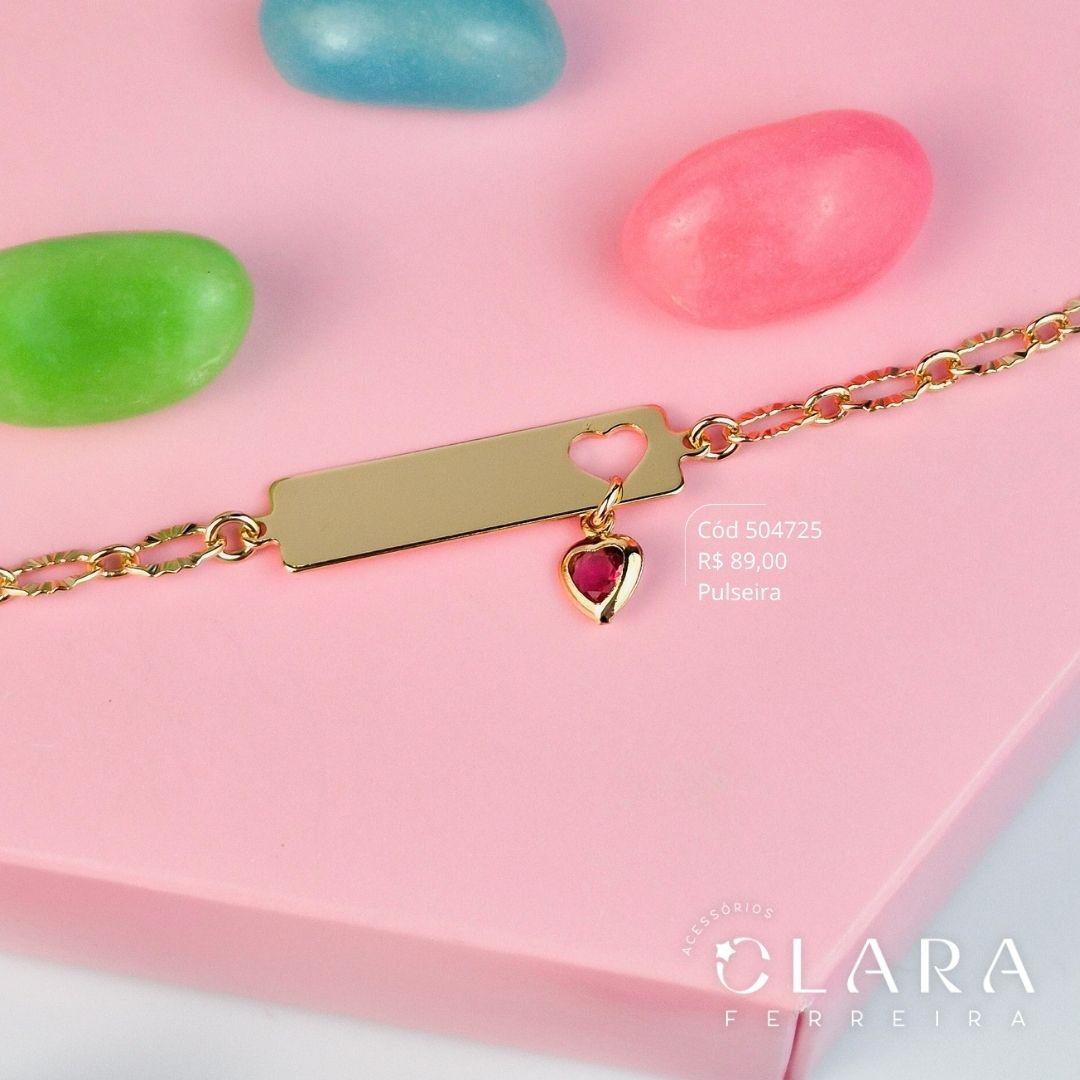 PULSEIRA INFANTIL ELOS JATEADOS C/ PLAQUINHA LISA C/ CORAÇÃO VAZADO E 1 ZIRCÔNIA CORAÇÃO 5MM PENDURADA - CLARINHA KIDS - 14MM - Dourado